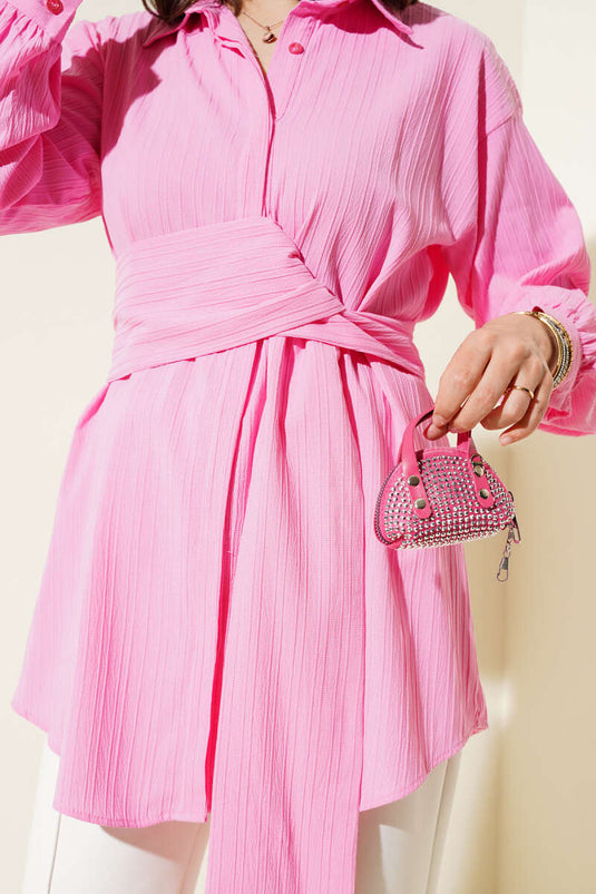 Kendinden Bel Kuşaklı Gömlek Pembe