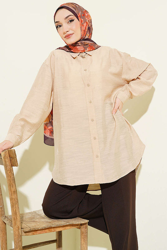 Beige Shirt with Self-Patterned Flowers