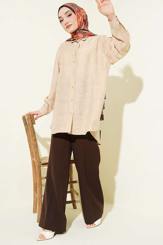 Beige Shirt with Self-Patterned Flowers