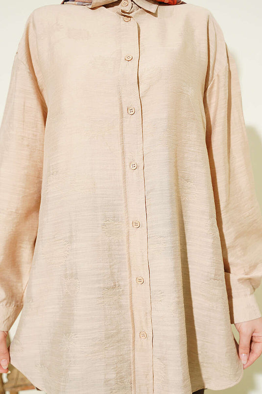 Beige Shirt with Self-Patterned Flowers