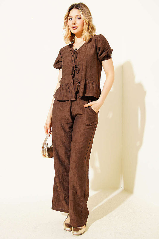 Set met blouse met zelfpatroon en trekkoord, koffiebruin
