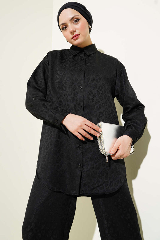 Self-Patterned Jacquard Shirt Two Piece Set Black