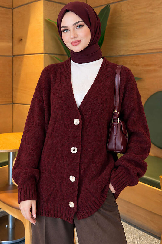 Gemusterter Strickcardigan Burgund