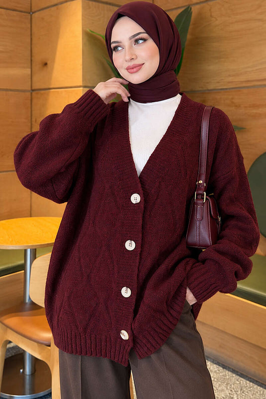 Gemusterter Strickcardigan Burgund