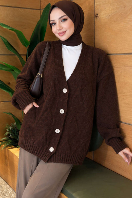 Gemusterter Strickcardigan In Braun