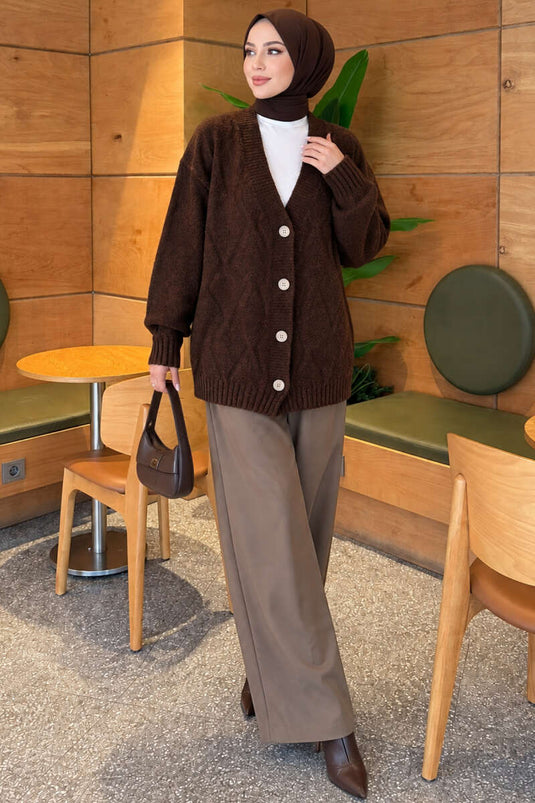 Gemusterter Strickcardigan In Braun