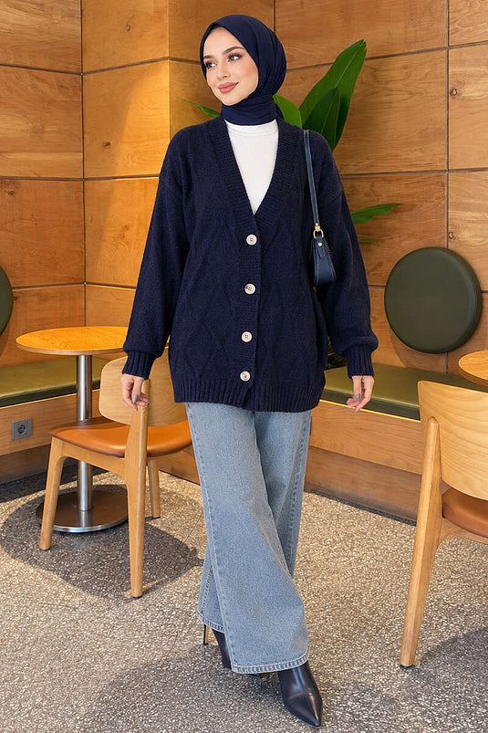 Gemusterter Strickcardigan Marineblau