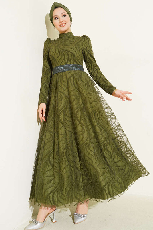 Self-Patterned Tulle Belt Evening Dress Khaki