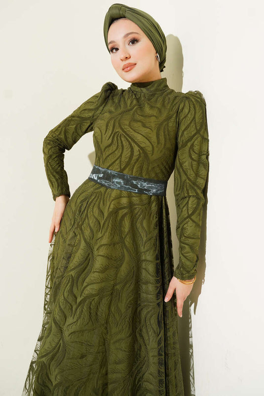 Self-Patterned Tulle Belt Evening Dress Khaki