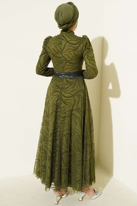 Self-Patterned Tulle Belt Evening Dress Khaki