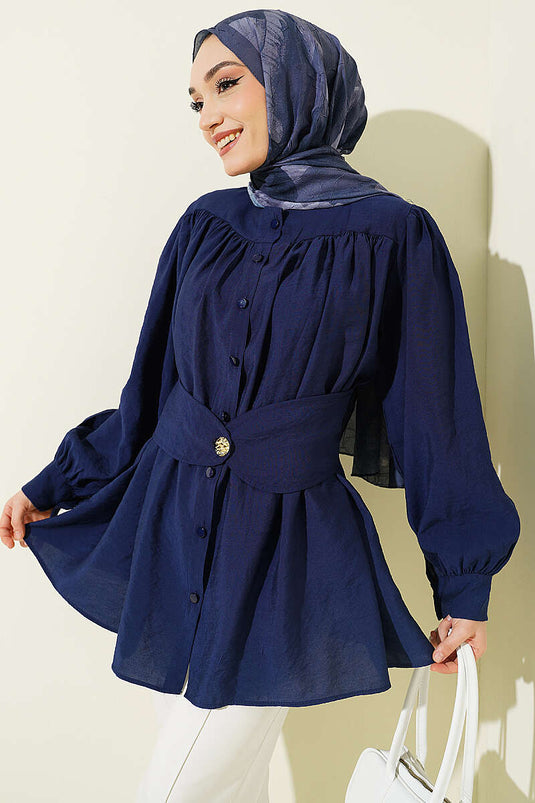 Overhemd met zelfgemaakte ceintuurdetails, marineblauw
