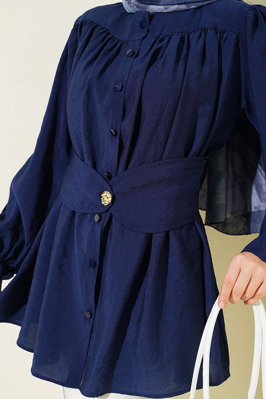 Overhemd met zelfgemaakte ceintuurdetails, marineblauw