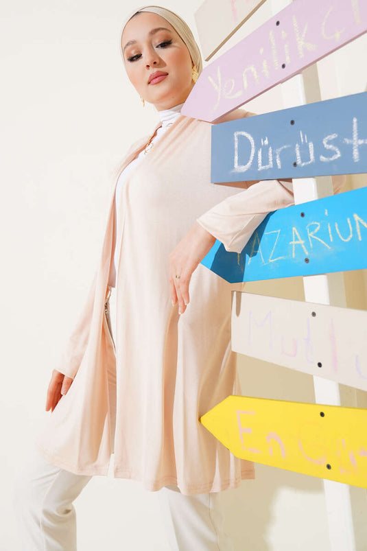 Kendinden Kuşaklı Basic Hırka Bej