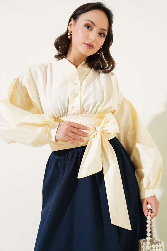 Beige Skirt Set with Blouse with Self-Pattern