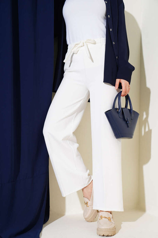 Kendinden Kuşaklı Dabıl Pantolon Beyaz