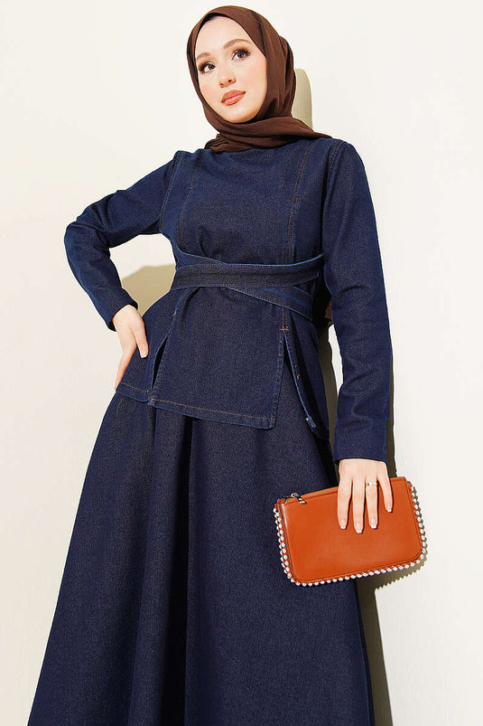 Denim Set with Self-Belted Skirt and Blouse, Navy Blue