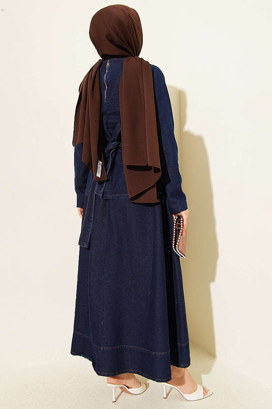 Denim Set with Self-Belted Skirt and Blouse, Navy Blue