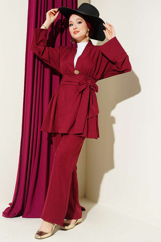 Self-Belted Kimono Two-Piece Set Burgundy