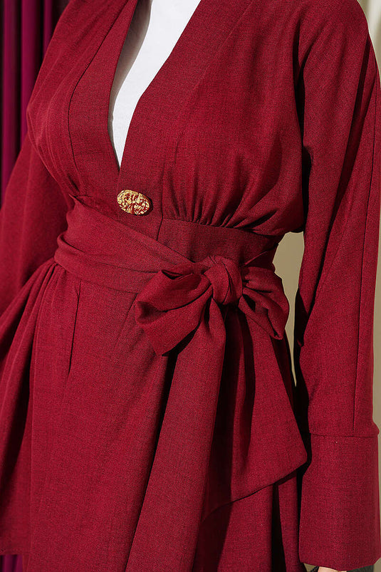 Self-Belted Kimono Two-Piece Set Burgundy