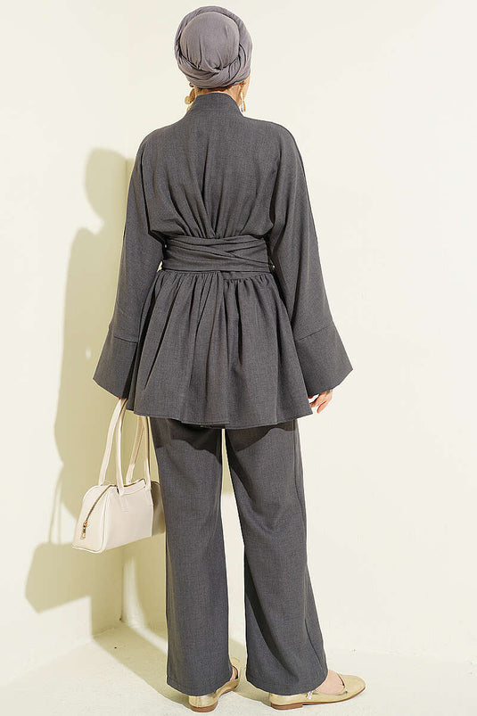 Self-Belted Kimono Two-Piece Set in Smoke Gray