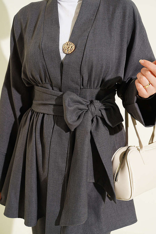 Self-Belted Kimono Two-Piece Set in Smoke Gray