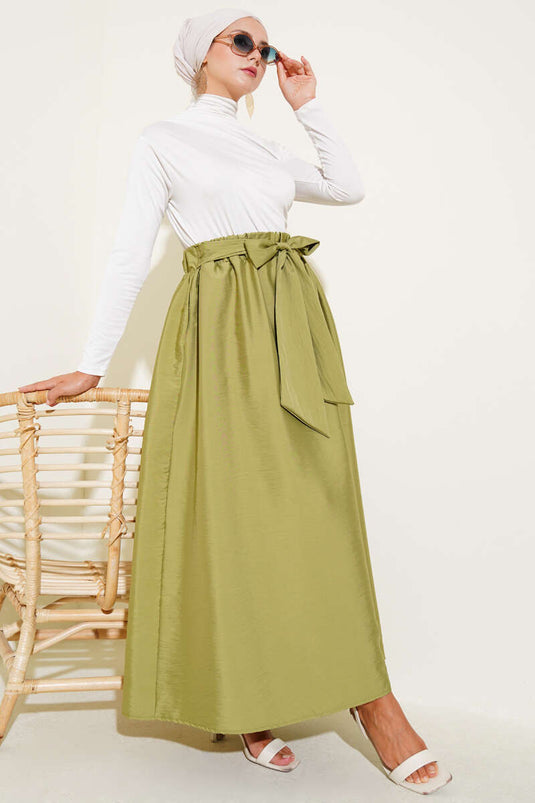 Self-Belted Flared Skirt, Almond Green