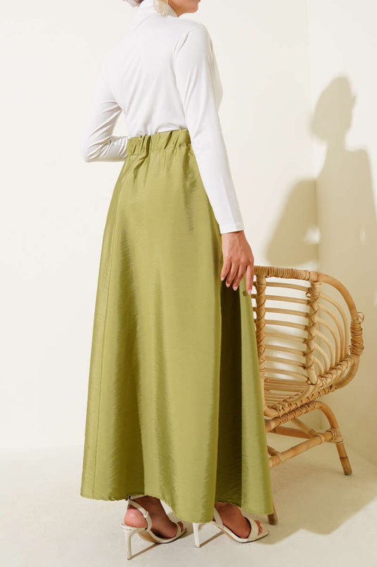 Self-Belted Flared Skirt, Almond Green