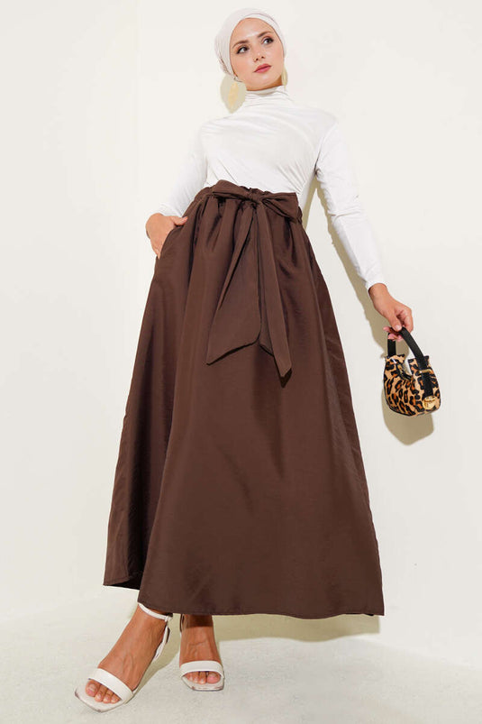 Kendinden Kuşaklı Kloş Etek Kahve