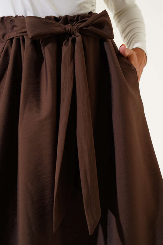 Kendinden Kuşaklı Kloş Etek Kahve