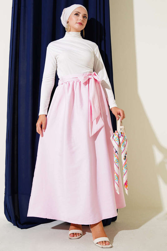 Self-Belted Flared Skirt Pink