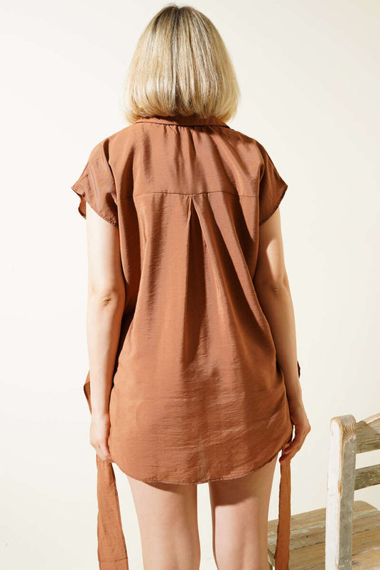 Self-Belted Sleeveless Shirt Brown