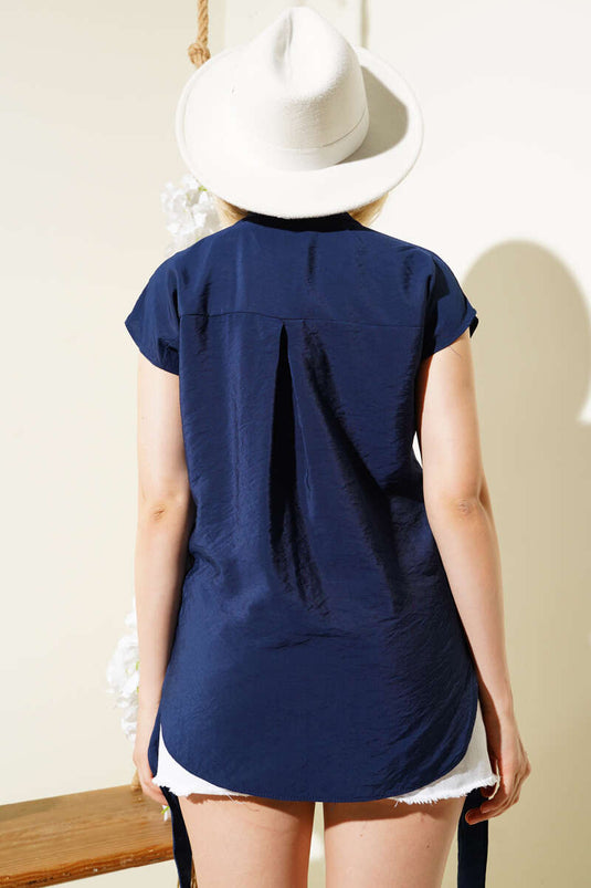 Self-Belted Sleeveless Shirt Navy Blue