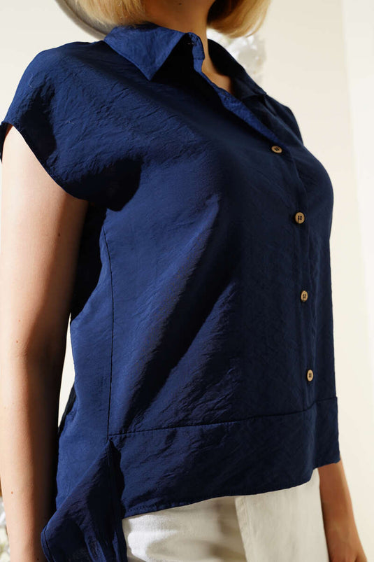 Self-Belted Sleeveless Shirt Navy Blue