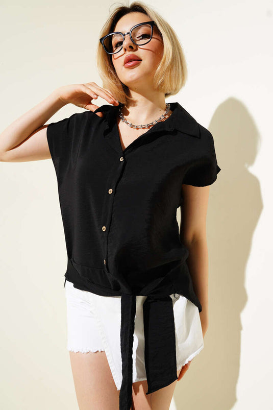 Self-Belted Sleeveless Shirt Black