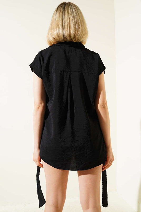 Self-Belted Sleeveless Shirt Black