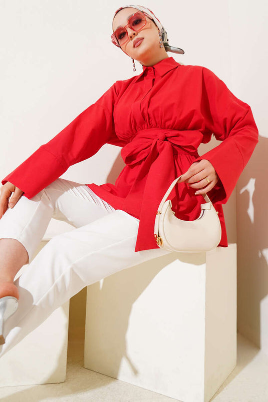 Kendinden Kuşaklı Önü Büzgülü Tunik Kırmızı