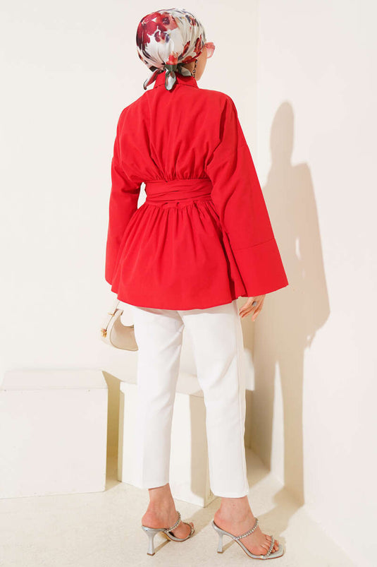 Kendinden Kuşaklı Önü Büzgülü Tunik Kırmızı