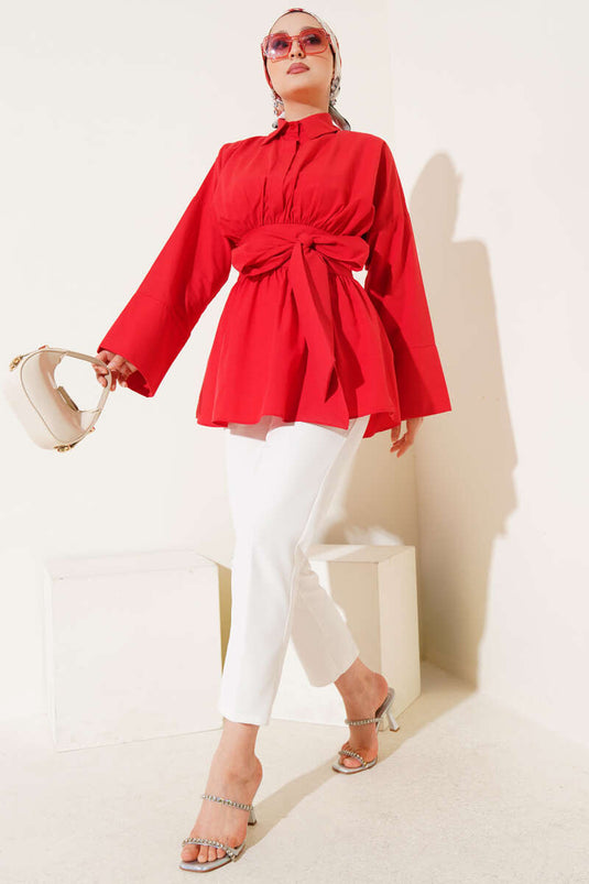 Kendinden Kuşaklı Önü Büzgülü Tunik Kırmızı