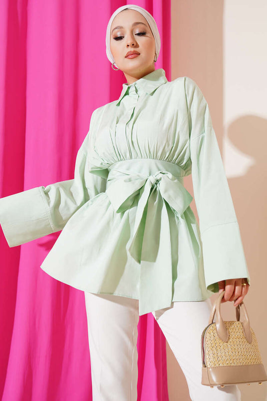 Tunique à ceinture intégrée et froncée sur le devant, vert d'eau