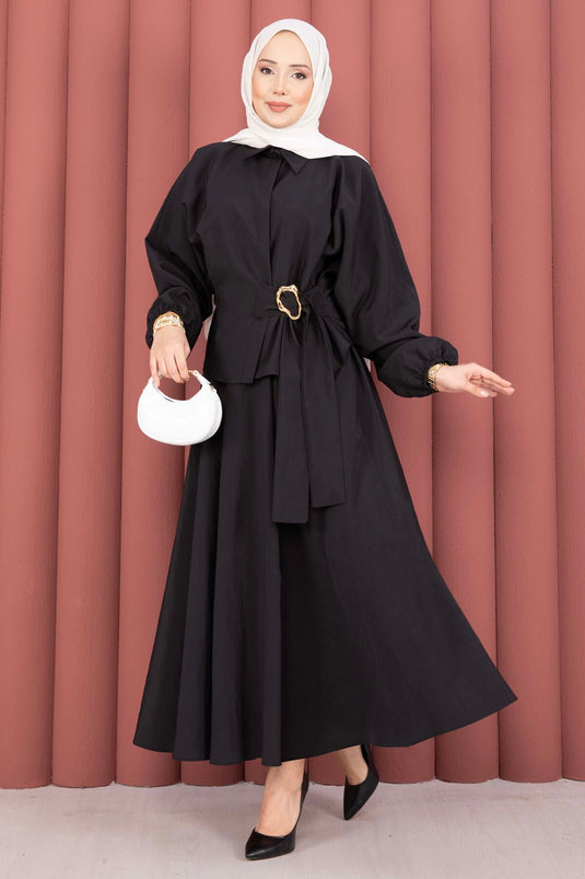 Black Two-Piece Set with Built-in Belt and Buckle Detail Skirt