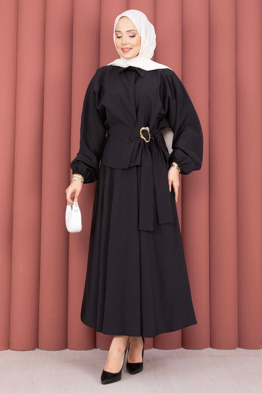 Zweiteiliger Anzug mit Gürtel und Schnallendetail, Rock, Schwarz