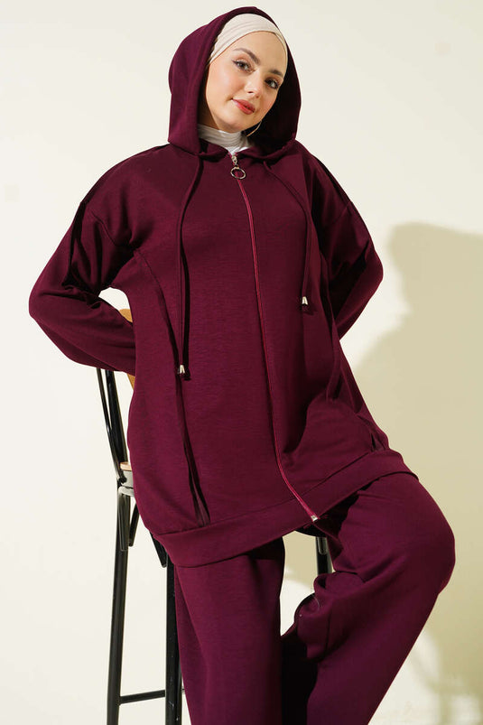 Kendinden Şeritli Kapüşonlu Loyşa İkili Takım Bordo