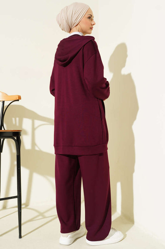 Kendinden Şeritli Kapüşonlu Loyşa İkili Takım Bordo