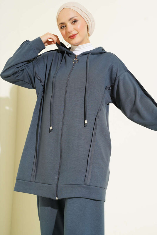 Kendinden Şeritli Kapüşonlu Loyşa İkili Takım Füme