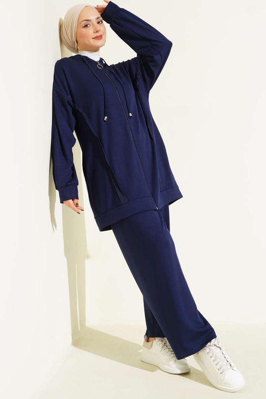 Kendinden Şeritli Kapüşonlu Loyşa İkili Takım Lacivert