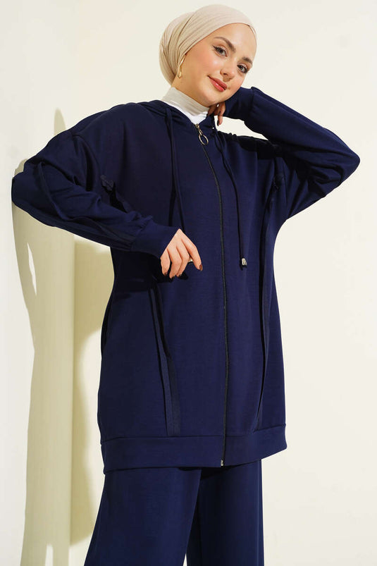 Kendinden Şeritli Kapüşonlu Loyşa İkili Takım Lacivert