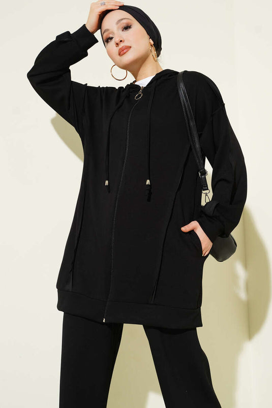 Kendinden Şeritli Kapüşonlu Loyşa İkili Takım Siyah