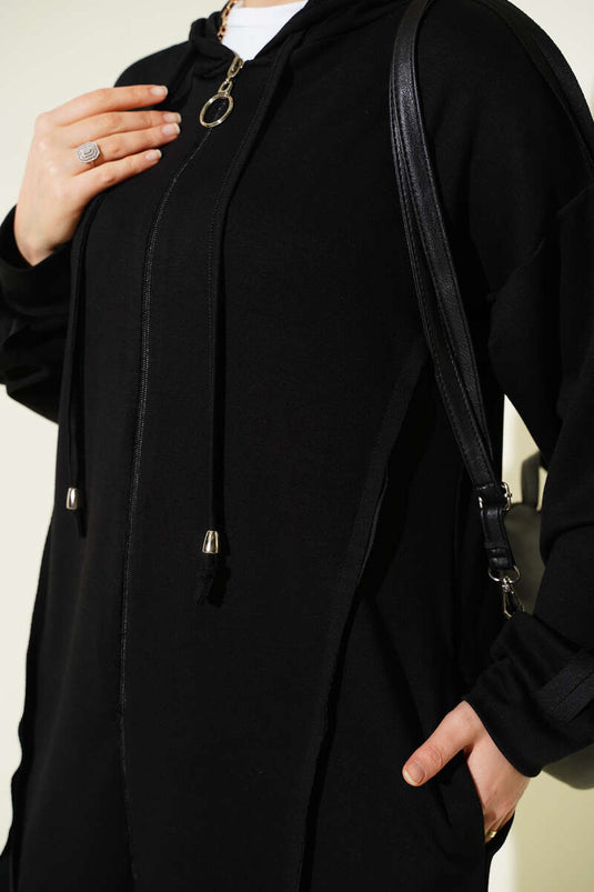 Kendinden Şeritli Kapüşonlu Loyşa İkili Takım Siyah