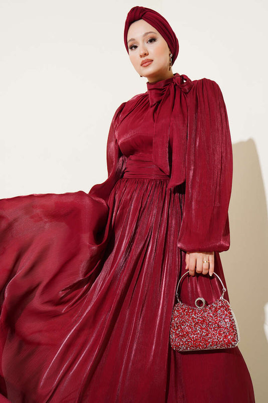 Self-Neck Belted Evening Dress Burgundy