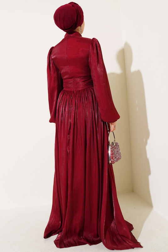 Self-Neck Belted Evening Dress Burgundy